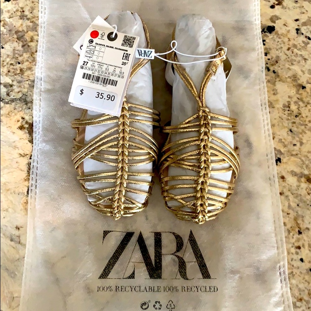 Zara Girls Strappy Gold Fisherman Sandals, Sz 10.5